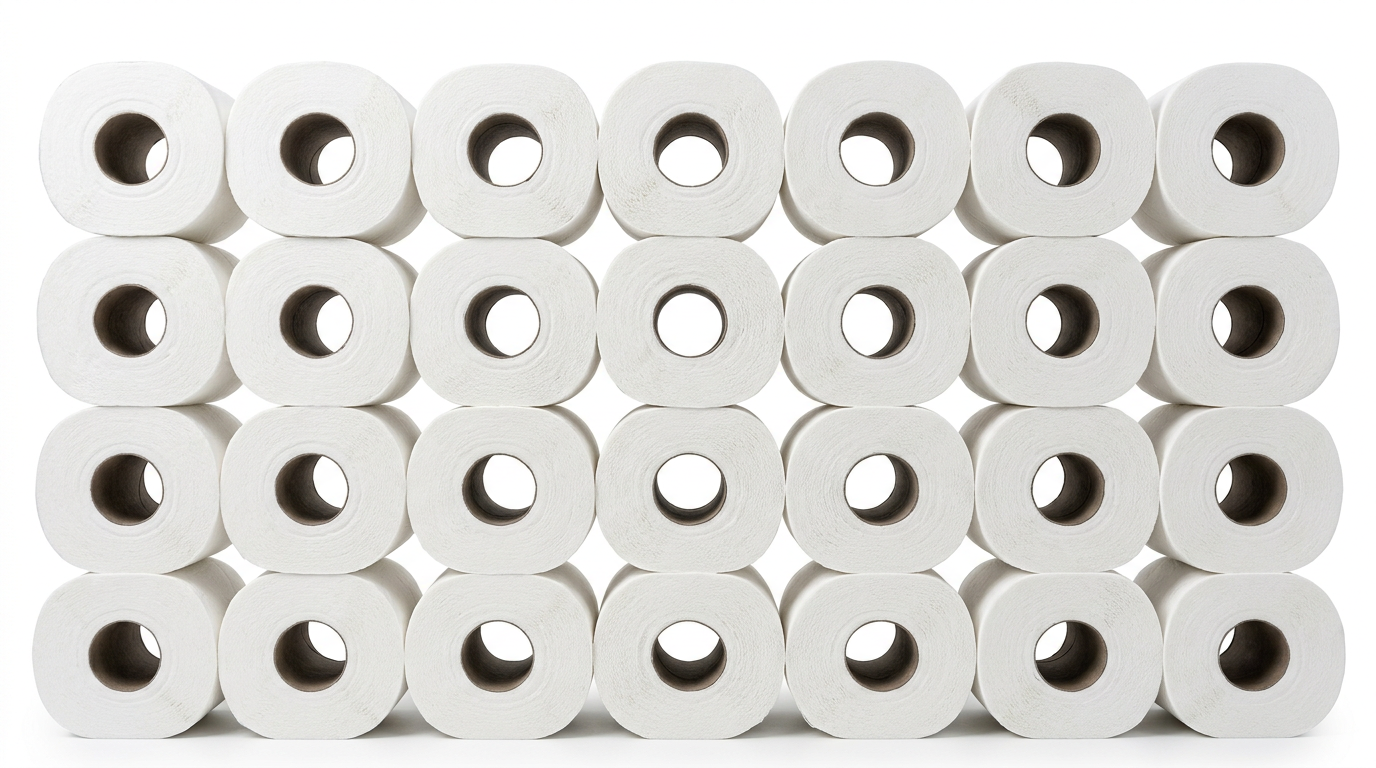 Toilet rolls stacked in grid formation